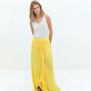 ZARA Skirt Women Size XS Yellow Maxi Sheer Stretchable Waist Tie Pockets Lined